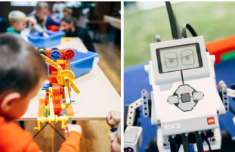 Obraz podzielony na dwie części, na jednej dzieci bawią sie klockami przy stole, na drugiej szary robot - zabawka