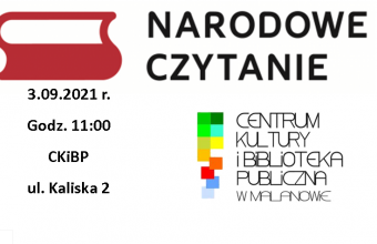 Logo Narodowe Czytanie CKiBP ul Kaliska 2, 3.09.2021 r. godz. 11.00, logo CKiBP w Malanowie