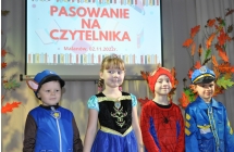 Dziewczynka wraz z trzema chlopcami w bajkowych strojach