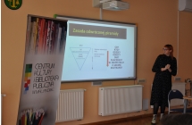 Kobieta przy tablicy multimedialnej, z lewej baner CKiBP