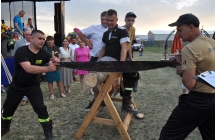 Dwoje mężczyzn piłujących drewno ręczną piłą 