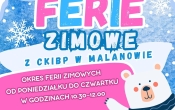 Centrum Kultury i Biblioteka Publiczna w Malanowie zaprasza dzieci w wieku 6-10 lat do udziału w zajęciach organizowanych podczas ferii zimowych od poniedziałku do czwartku w godzinach 10:30-12:00 Zapraszamy na zajęcia plastyczne, zajęcia muzyczne, gry, kalambury, bajki. Gwarantujemy mile spędzony czas! Zapisy CKiBP w Malanowie: tel. 63 2883 322